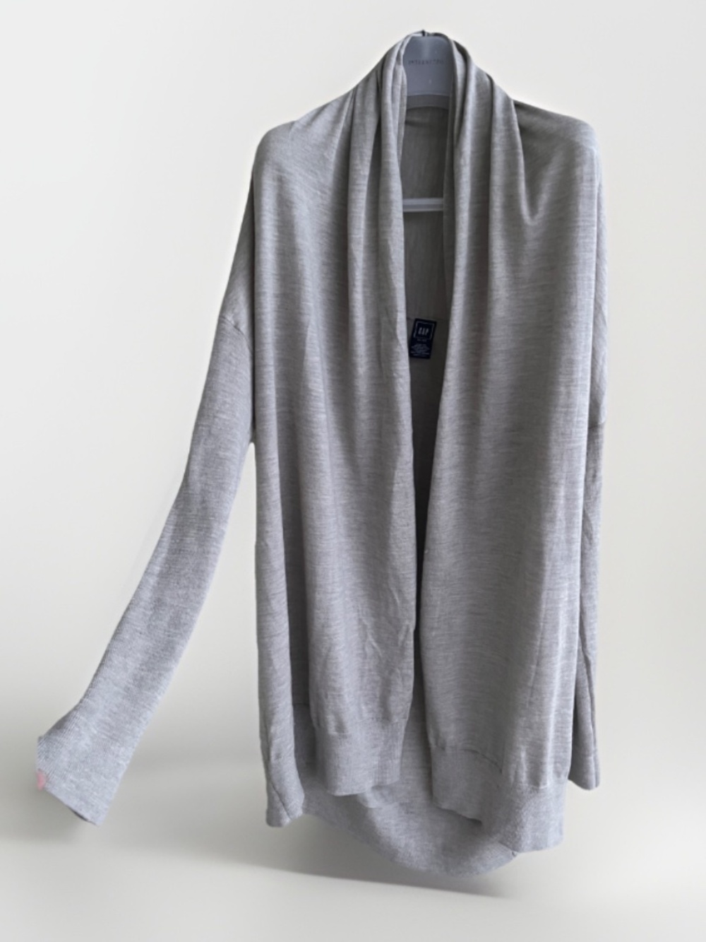 GAP 100% Merino Wool Open Knit Cardigan Sweater Grey Longline Draped M/L Loose